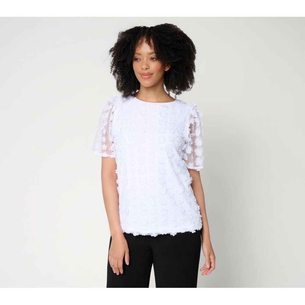 Dennis Basso Women's Top Sz M Make Your Selection: Knit Floral Mesh White
